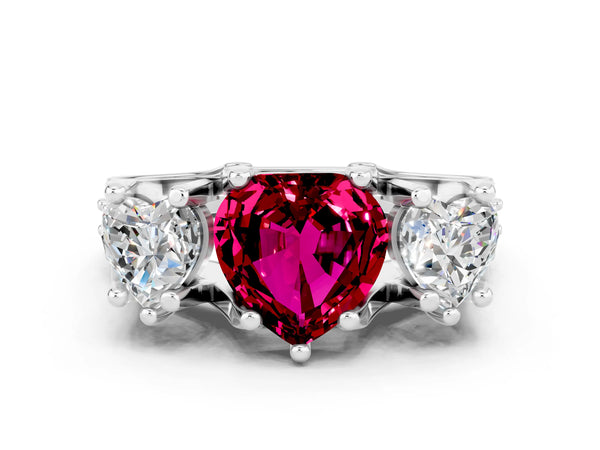 Silver Heart Cut Garnet Three-Stone Ring with Channel Set Band and Four-Prong Setting