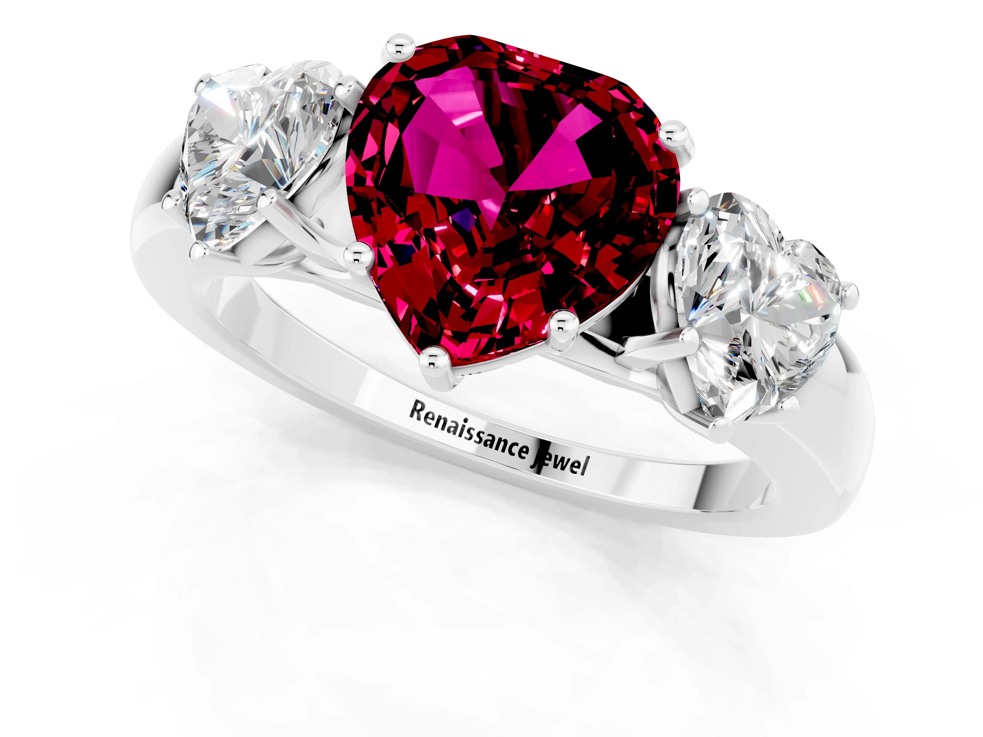 White gold Heart Cut Garnet Three-Stone Ring with Four-Prong Setting and Classic Band_1