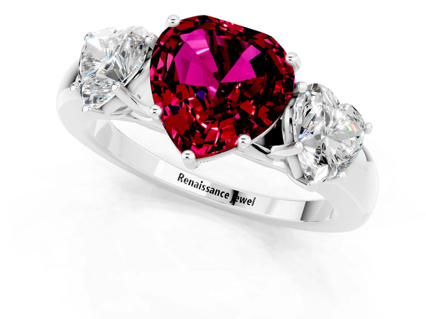 Silver Heart Cut Garnet Three-Stone Ring with Four-Prong Setting and Classic Band