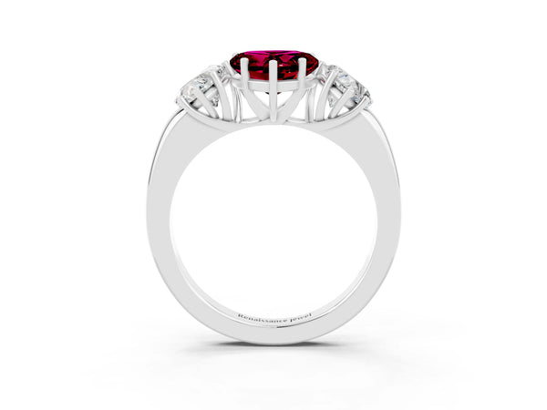 White gold Heart Cut Garnet Three-Stone Ring with Four-Prong Setting and Classic Band