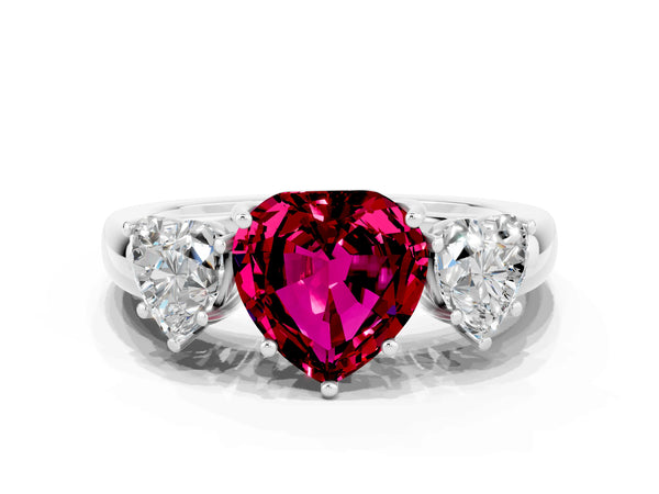 White gold Heart Cut Garnet Three-Stone Ring with Four-Prong Setting and Classic Band