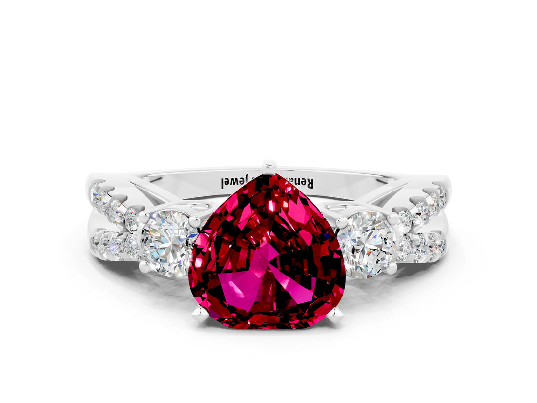 White gold Heart Cut Garnet Three-Stone Ring with Pavé Split Shank and Four-Prong Setting_21