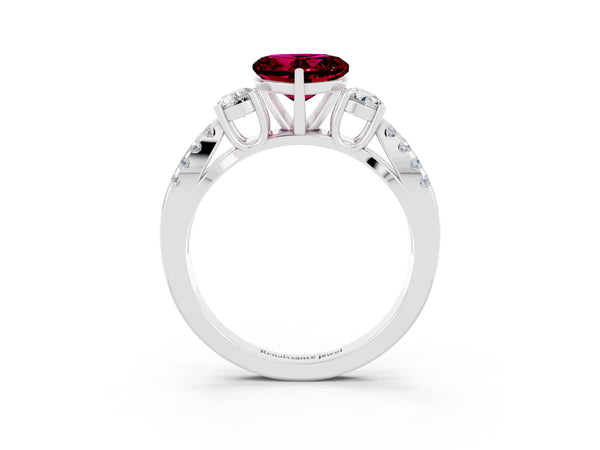 Silver Heart Cut Garnet Three-Stone Ring with Pavé Split Shank and Four-Prong Setting