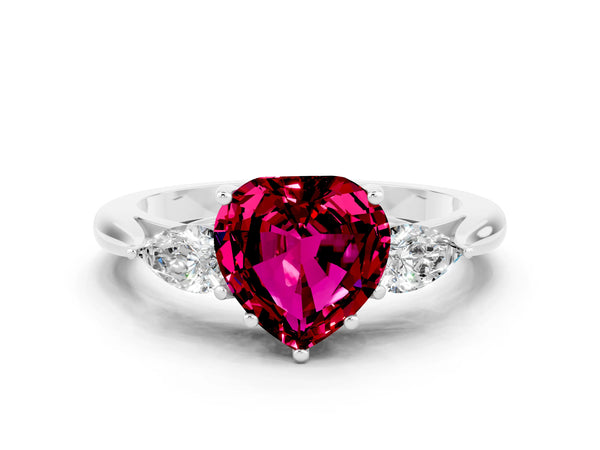 Silver Heart Cut Garnet Three-Stone Ring with Pear  Side Stones and Prong Setting