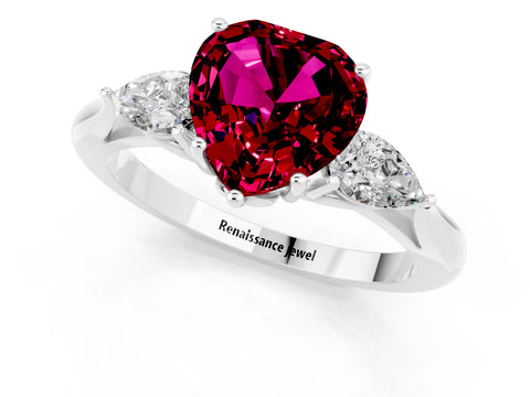 White gold Heart Cut Garnet Three-Stone Ring with Pear Side Stones and Four-Prong Setting_13