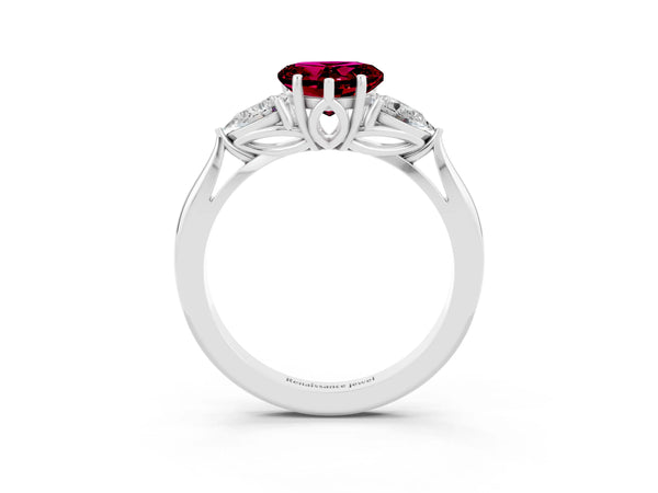 Silver Heart Cut Garnet Three-Stone Ring with Pear  Side Stones and Prong Setting