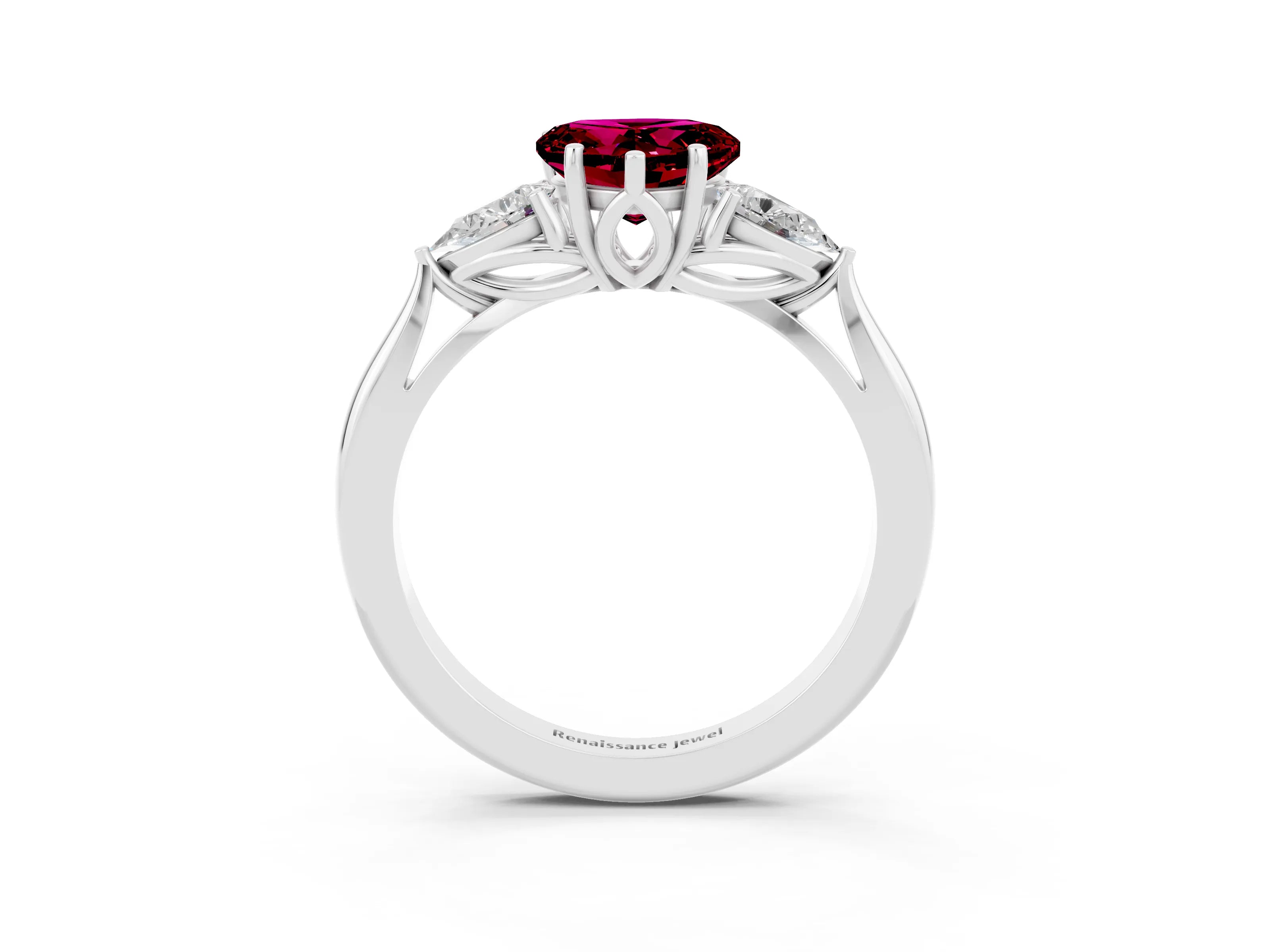 White gold Heart Cut Garnet Three-Stone Ring with Pear Side Stones and Four-Prong Setting_15