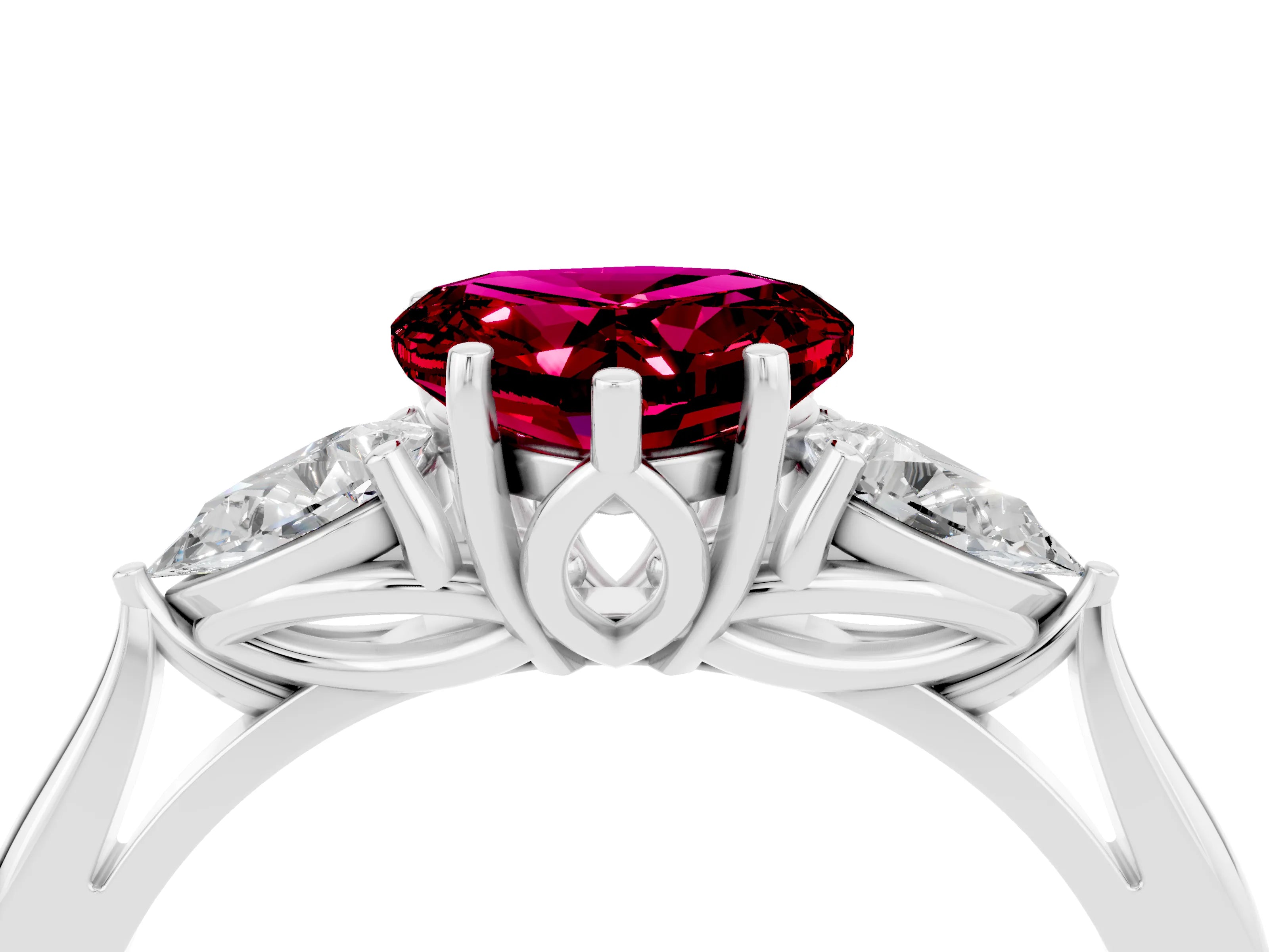 White gold Heart Cut Garnet Three-Stone Ring with Pear Side Stones and Four-Prong Setting_16