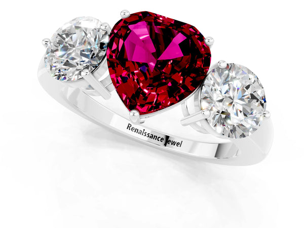 White gold Heart Cut Garnet Three-Stone Ring with Prong Setting and Classic Band