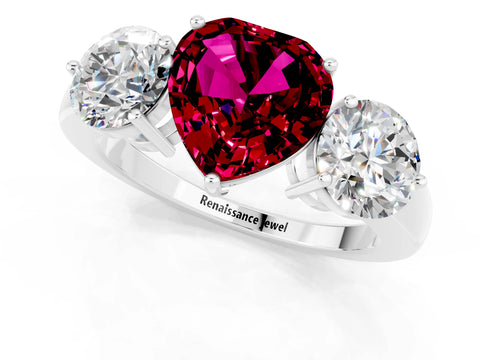 White gold Heart Cut Garnet Three-Stone Ring with Prong Setting and Classic Band_1