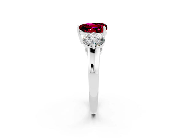 Platinum Heart Cut Garnet Three-Stone Ring with Prong Setting and Classic Band