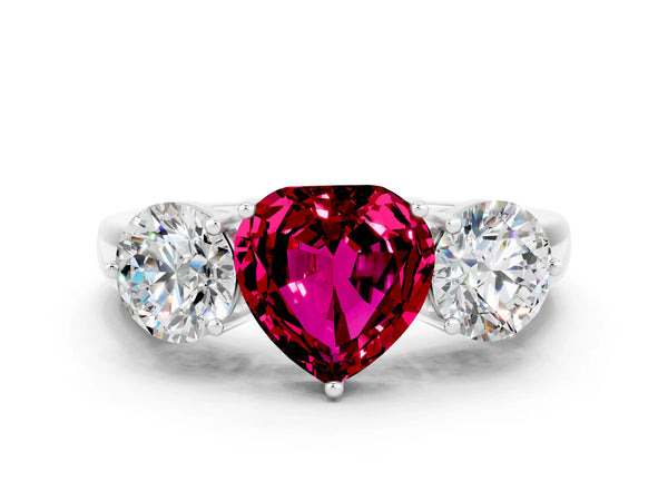 Silver Heart Cut Garnet Three-Stone Ring with Prong Setting and Classic Band