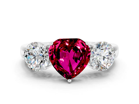 White gold Heart Cut Garnet Three-Stone Ring with Prong Setting and Classic Band