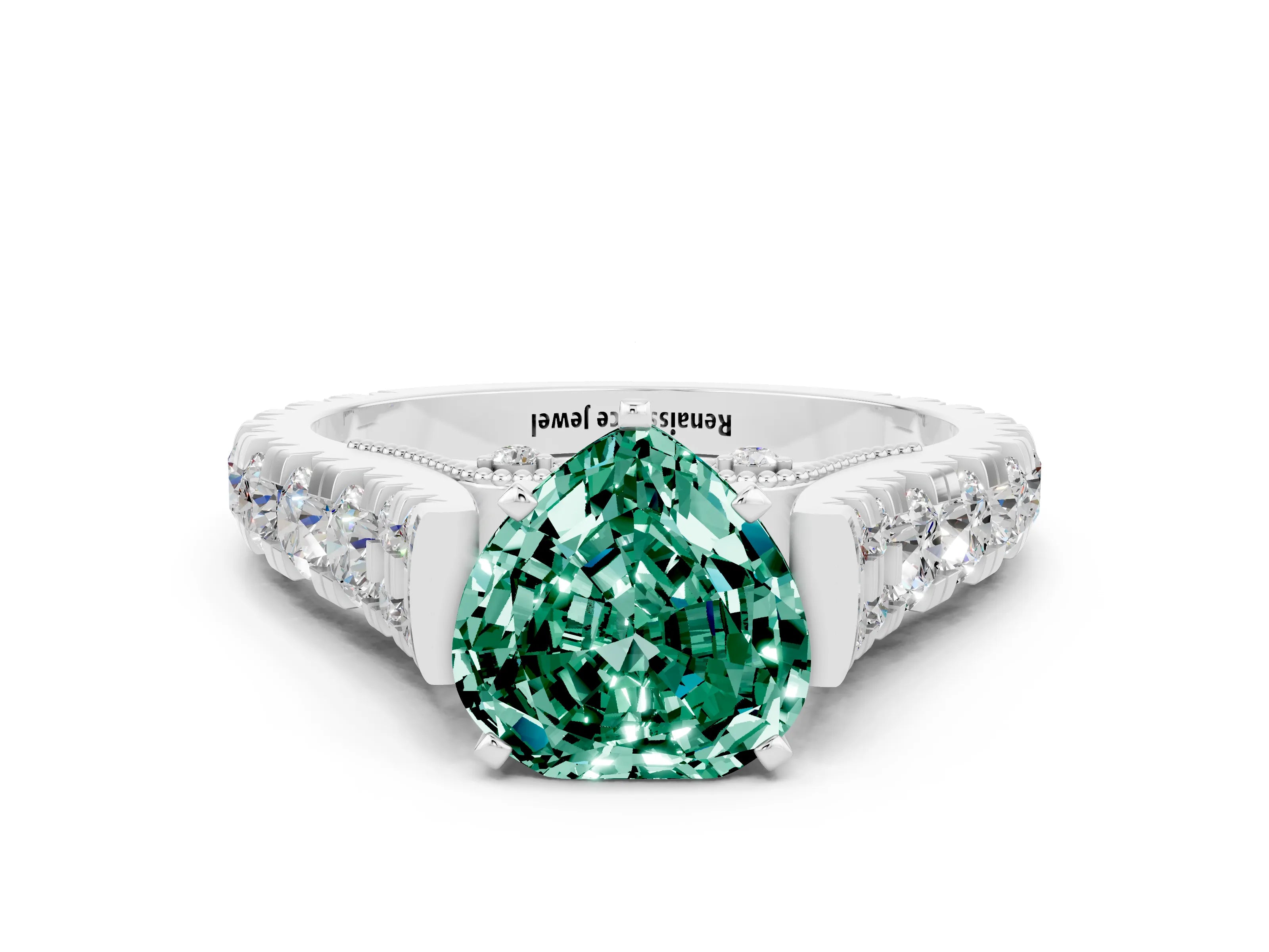 White gold Heart Cut Green Sapphire Classic Solitaire Ring with Pavé Band and Four-Prong Setting