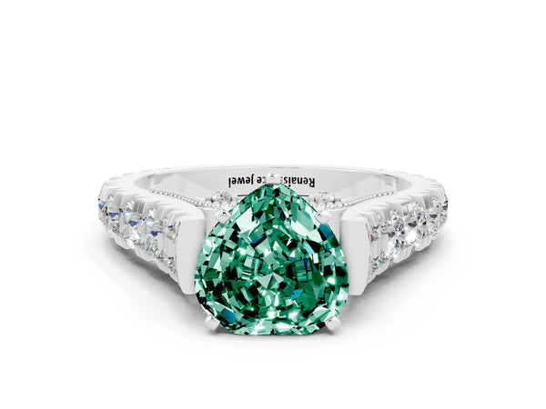 Silver Heart Cut Green Sapphire Classic Solitaire Ring with Pavé Band and Four-Prong Setting