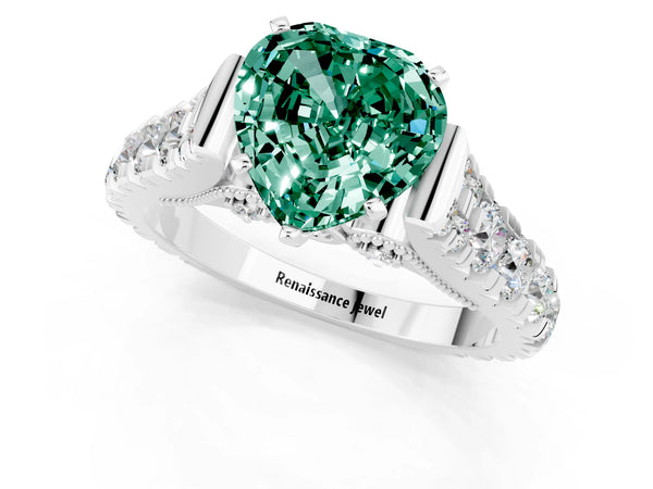 Platinum Heart Cut Green Sapphire Classic Solitaire Ring with Pavé Band and Four-Prong Setting
