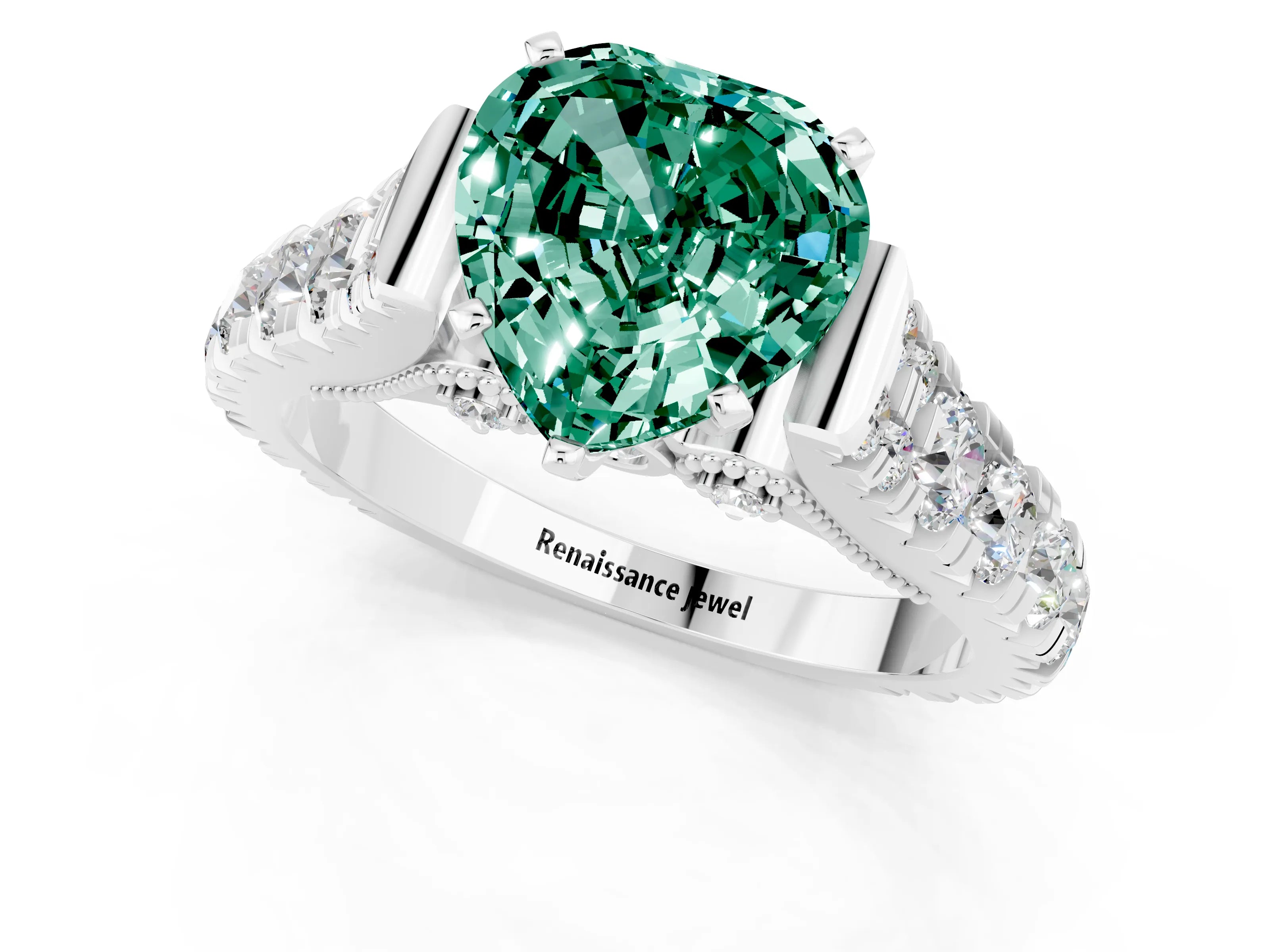 White gold Heart Cut Green Sapphire Classic Solitaire Ring with Pavé Band and Four-Prong Setting_1