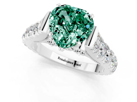 White gold Heart Cut Green Sapphire Classic Solitaire Ring with Pavé Band and Four-Prong Setting_1