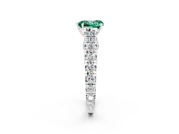 Platinum Heart Cut Green Sapphire Classic Solitaire Ring with Pavé Band and Four-Prong Setting