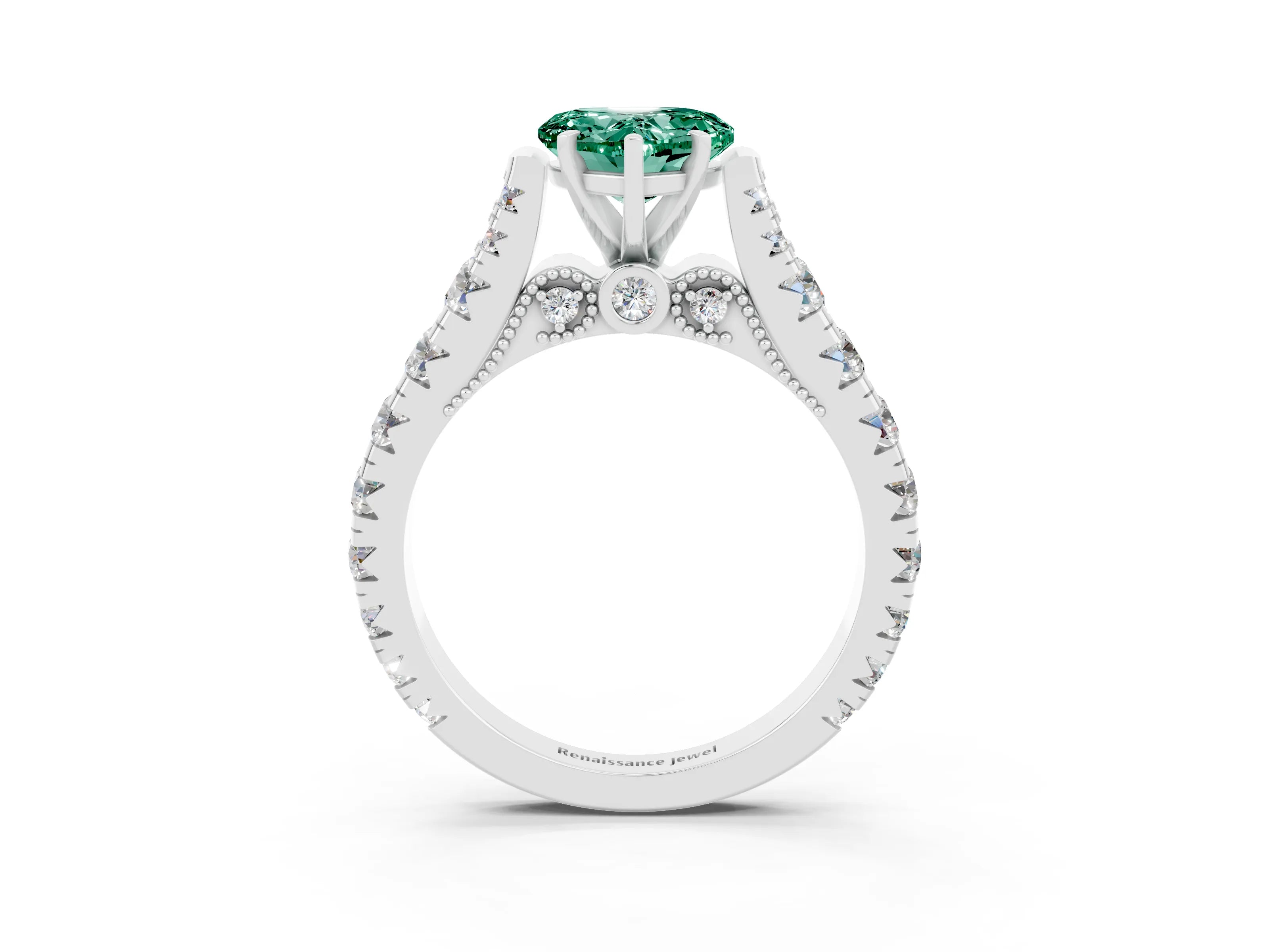 White gold Heart Cut Green Sapphire Classic Solitaire Ring with Pavé Band and Four-Prong Setting_3