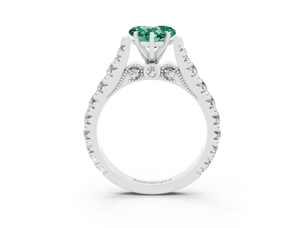 White gold Heart Cut Green Sapphire Classic Solitaire Ring with Pavé Band and Four-Prong Setting
