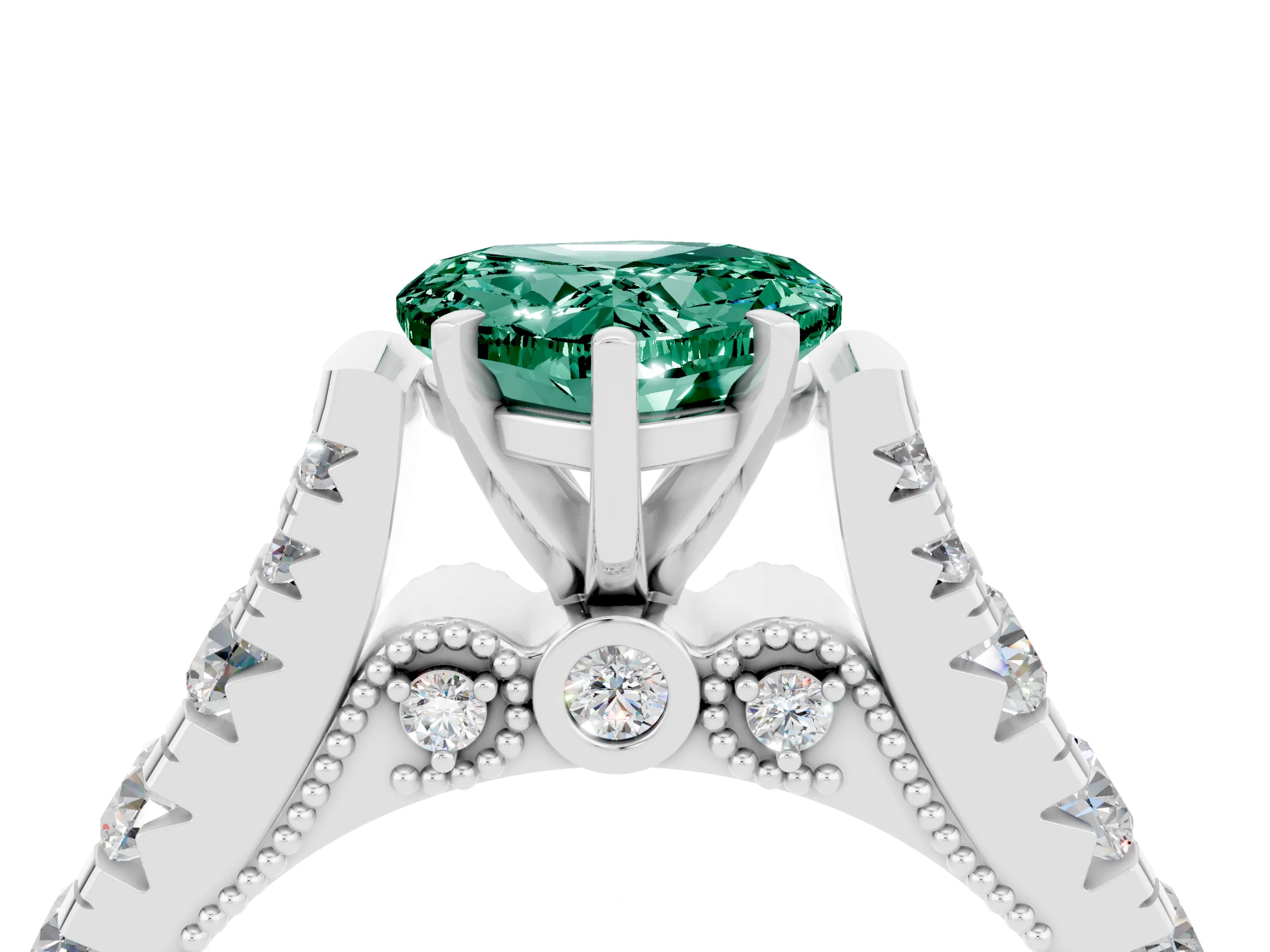 White gold Heart Cut Green Sapphire Classic Solitaire Ring with Pavé Band and Four-Prong Setting_4