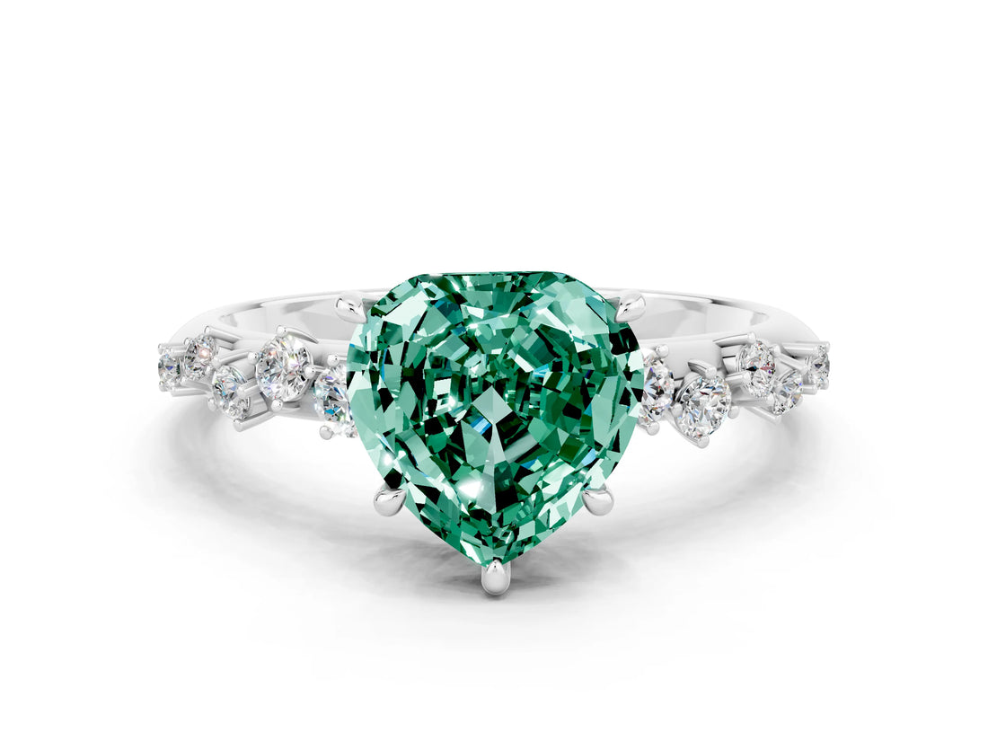 White gold Heart Cut Green Sapphire Cluster Side Stone Solitaire Ring with Prong Setting_24