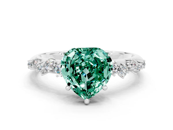 Silver Heart Cut Green Sapphire Cluster Side Stone Solitaire Ring with Prong Setting