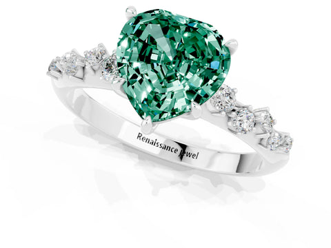 White gold Heart Cut Green Sapphire Cluster Side Stone Solitaire Ring with Prong Setting_25