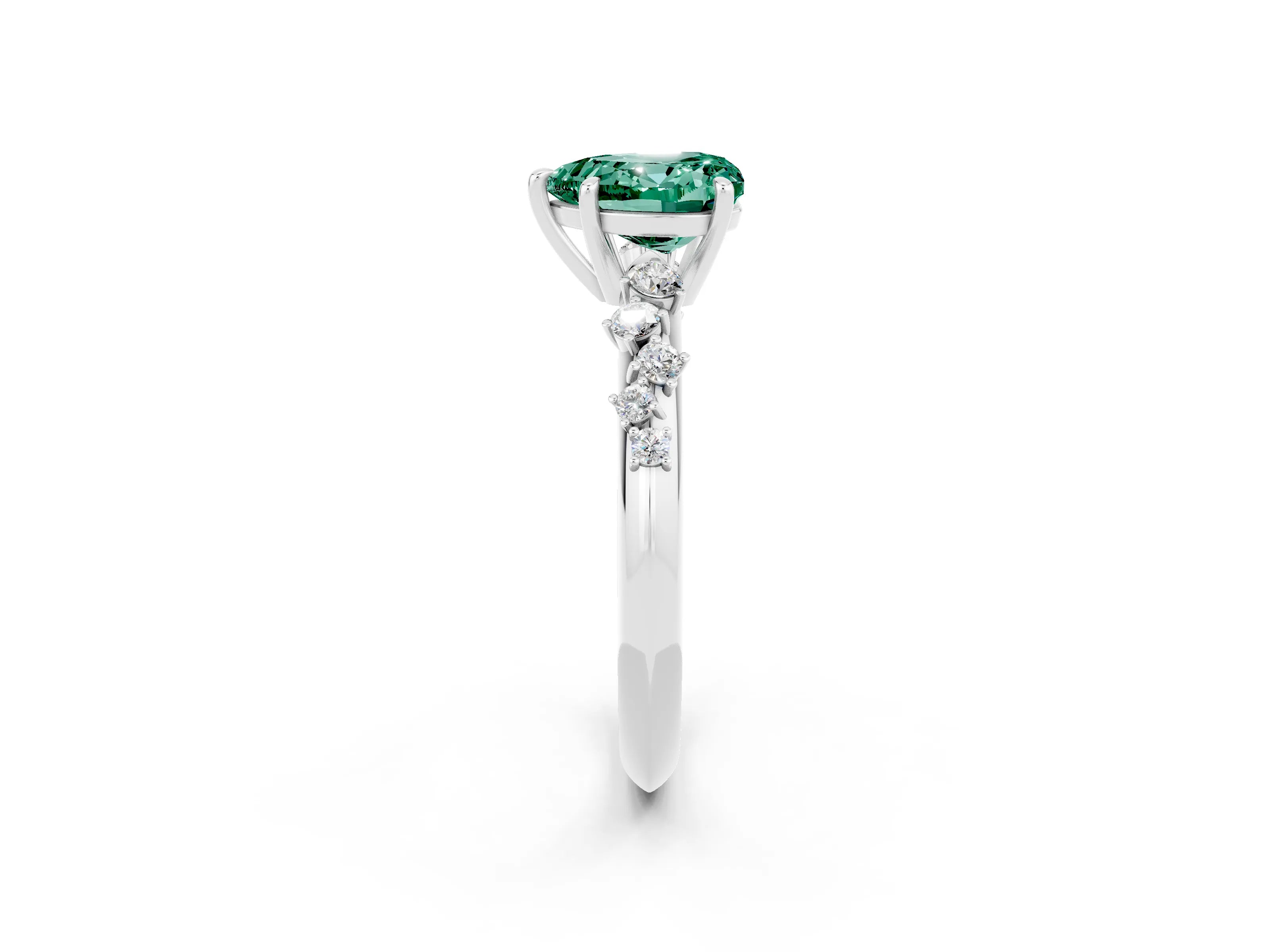 White gold Heart Cut Green Sapphire Cluster Side Stone Solitaire Ring with Prong Setting_26