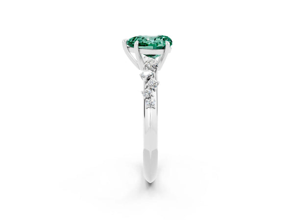 Silver Heart Cut Green Sapphire Cluster Side Stone Solitaire Ring with Prong Setting