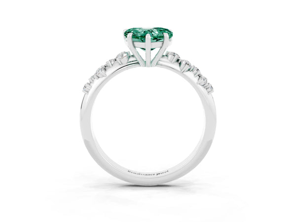 Silver Heart Cut Green Sapphire Cluster Side Stone Solitaire Ring with Prong Setting
