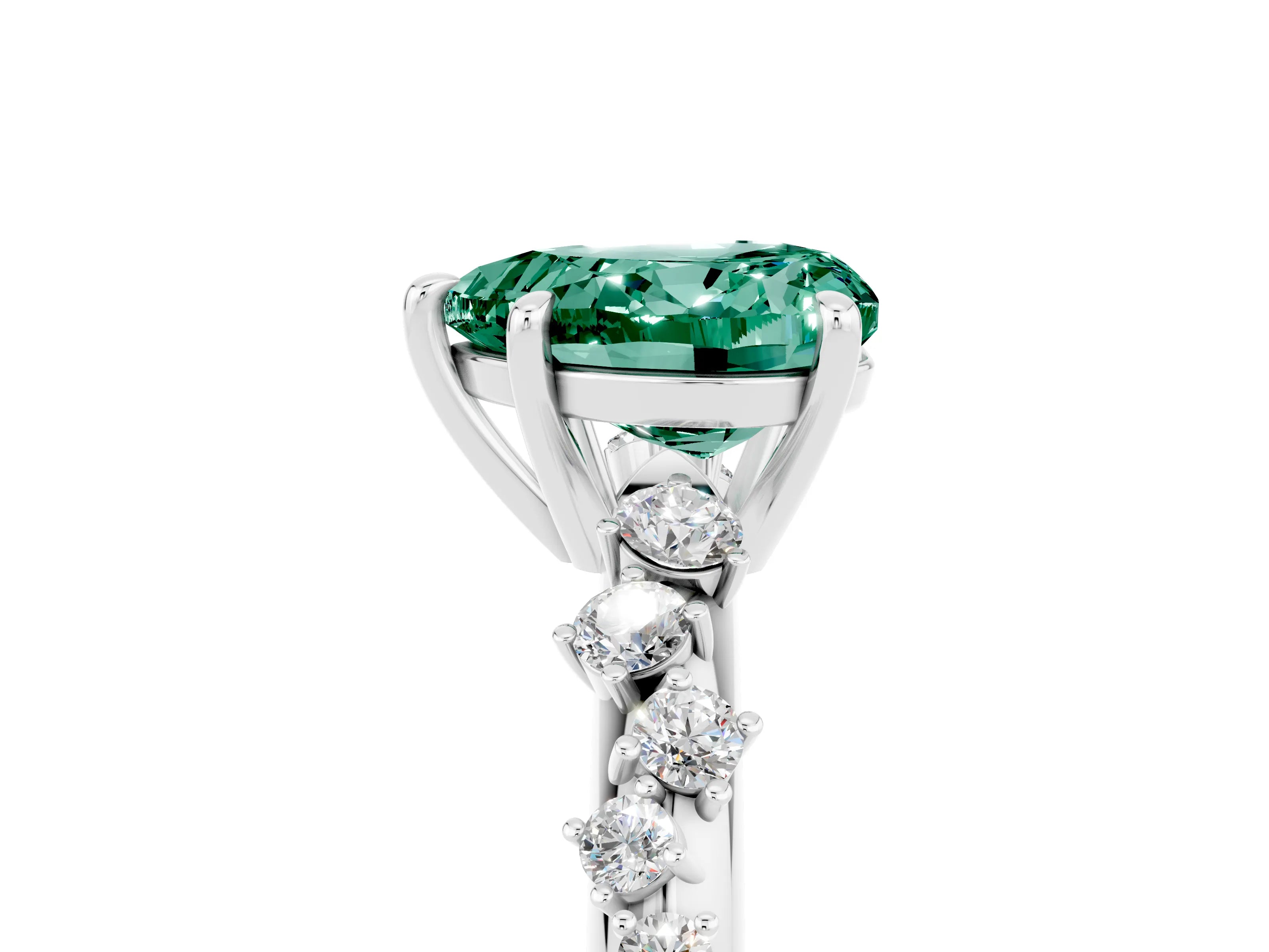 White gold Heart Cut Green Sapphire Cluster Side Stone Solitaire Ring with Prong Setting_29
