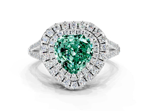 White gold Heart Cut Green Sapphire Double Halo Ring with Pavé Band and Prong Setting