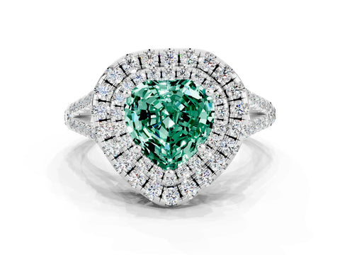 White gold Heart Cut Green Sapphire Double Halo Ring with Pavé Band and Prong Setting_12