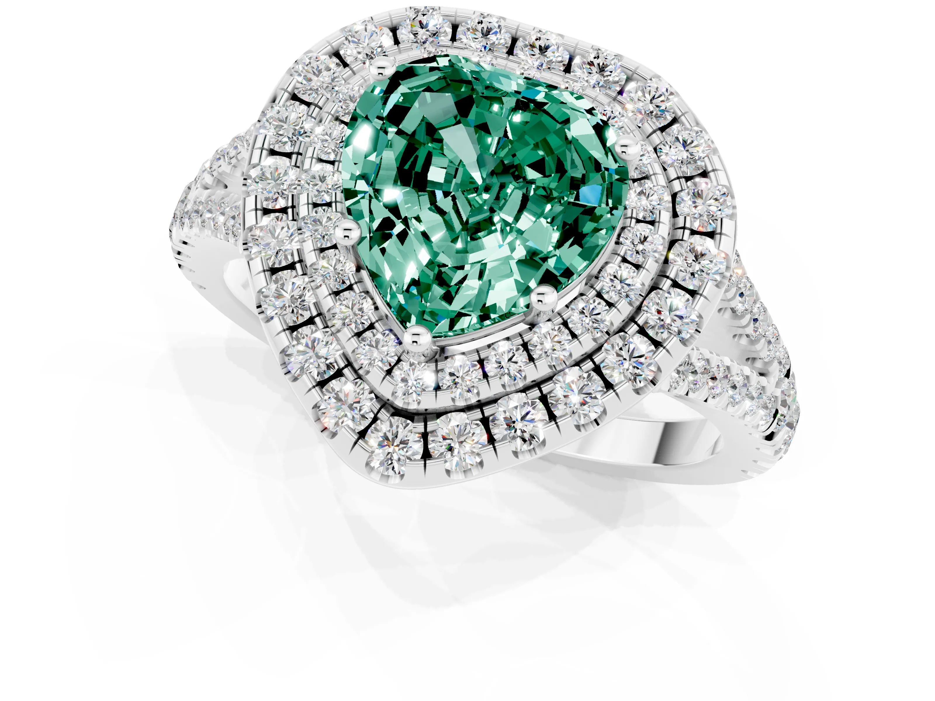 White gold Heart Cut Green Sapphire Double Halo Ring with Pavé Band and Prong Setting_13