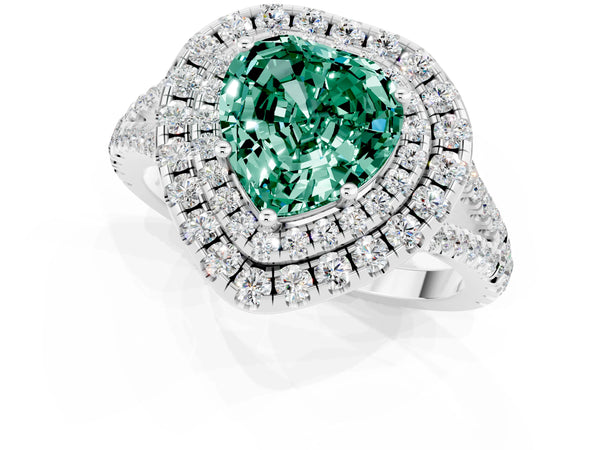 Platinum Heart Cut Green Sapphire Double Halo Ring with Pavé Band and Prong Setting