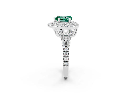 White gold Heart Cut Green Sapphire Double Halo Ring with Pavé Band and Prong Setting_14