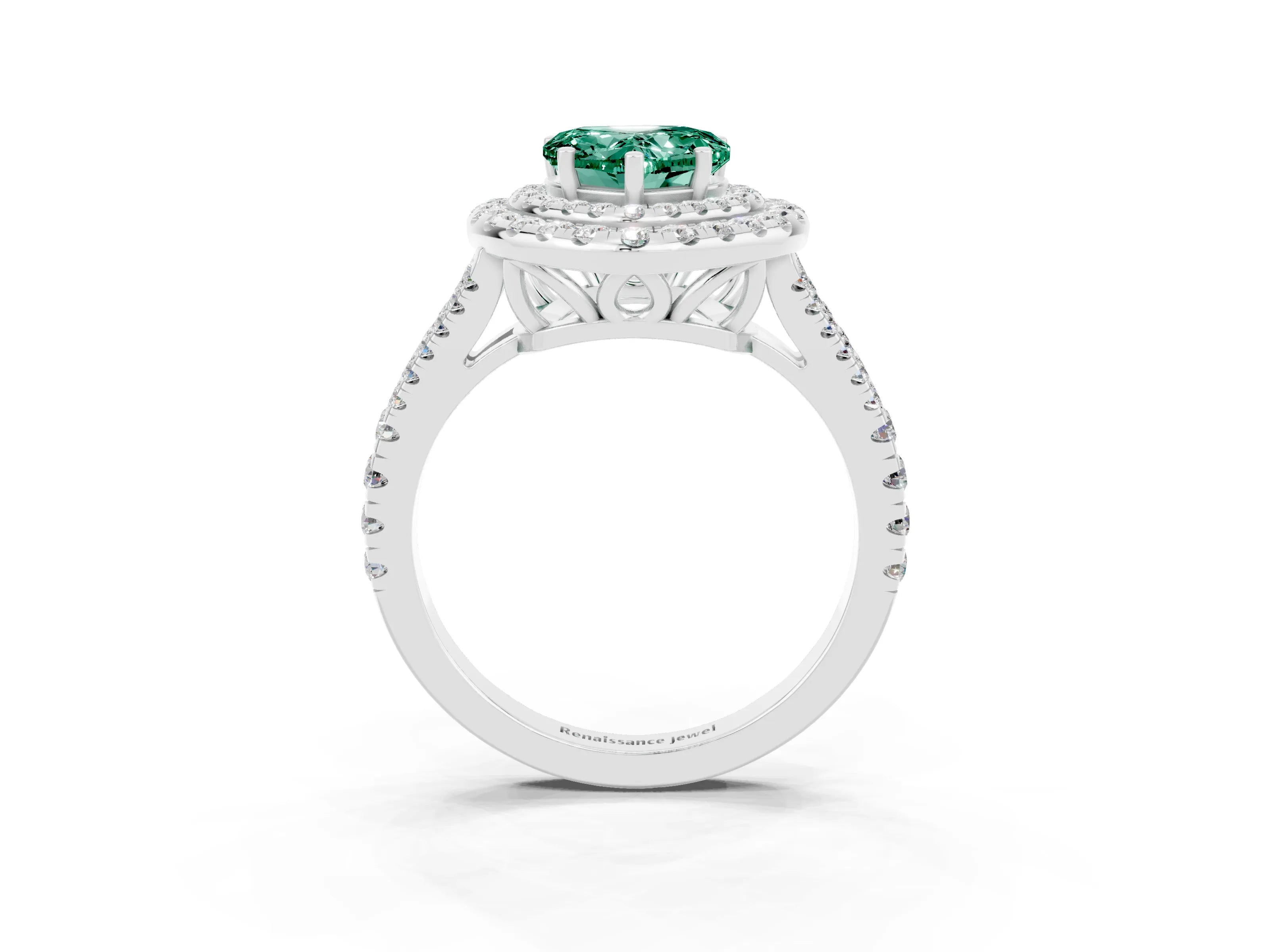 White gold Heart Cut Green Sapphire Double Halo Ring with Pavé Band and Prong Setting_15