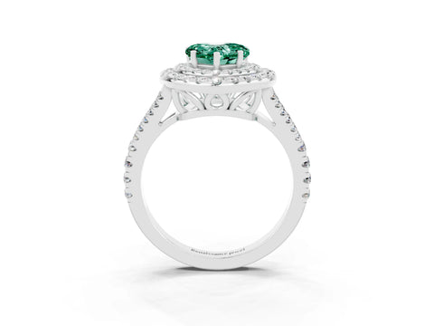White gold Heart Cut Green Sapphire Double Halo Ring with Pavé Band and Prong Setting_15