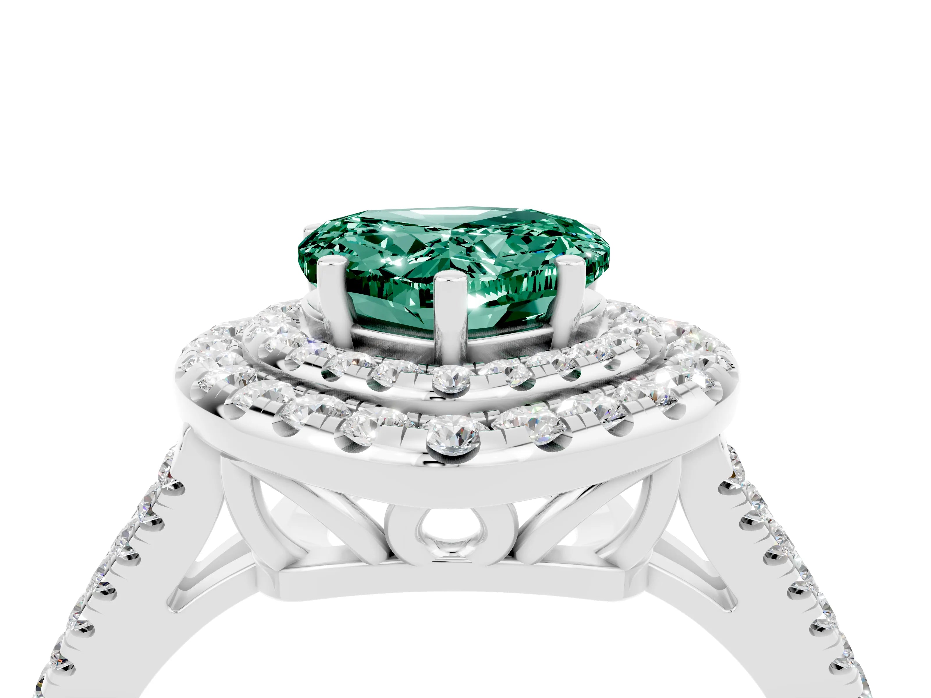 White gold Heart Cut Green Sapphire Double Halo Ring with Pavé Band and Prong Setting_16