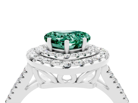 White gold Heart Cut Green Sapphire Double Halo Ring with Pavé Band and Prong Setting_16