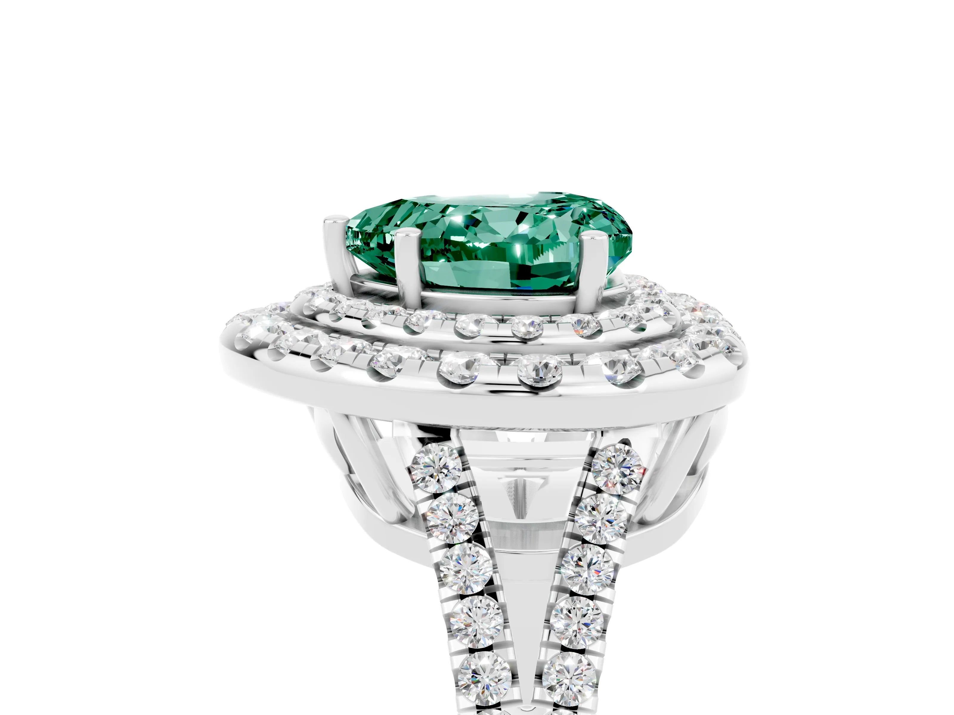 White gold Heart Cut Green Sapphire Double Halo Ring with Pavé Band and Prong Setting_17