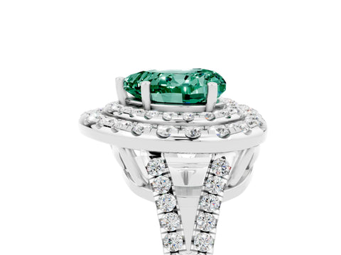 White gold Heart Cut Green Sapphire Double Halo Ring with Pavé Band and Prong Setting_17