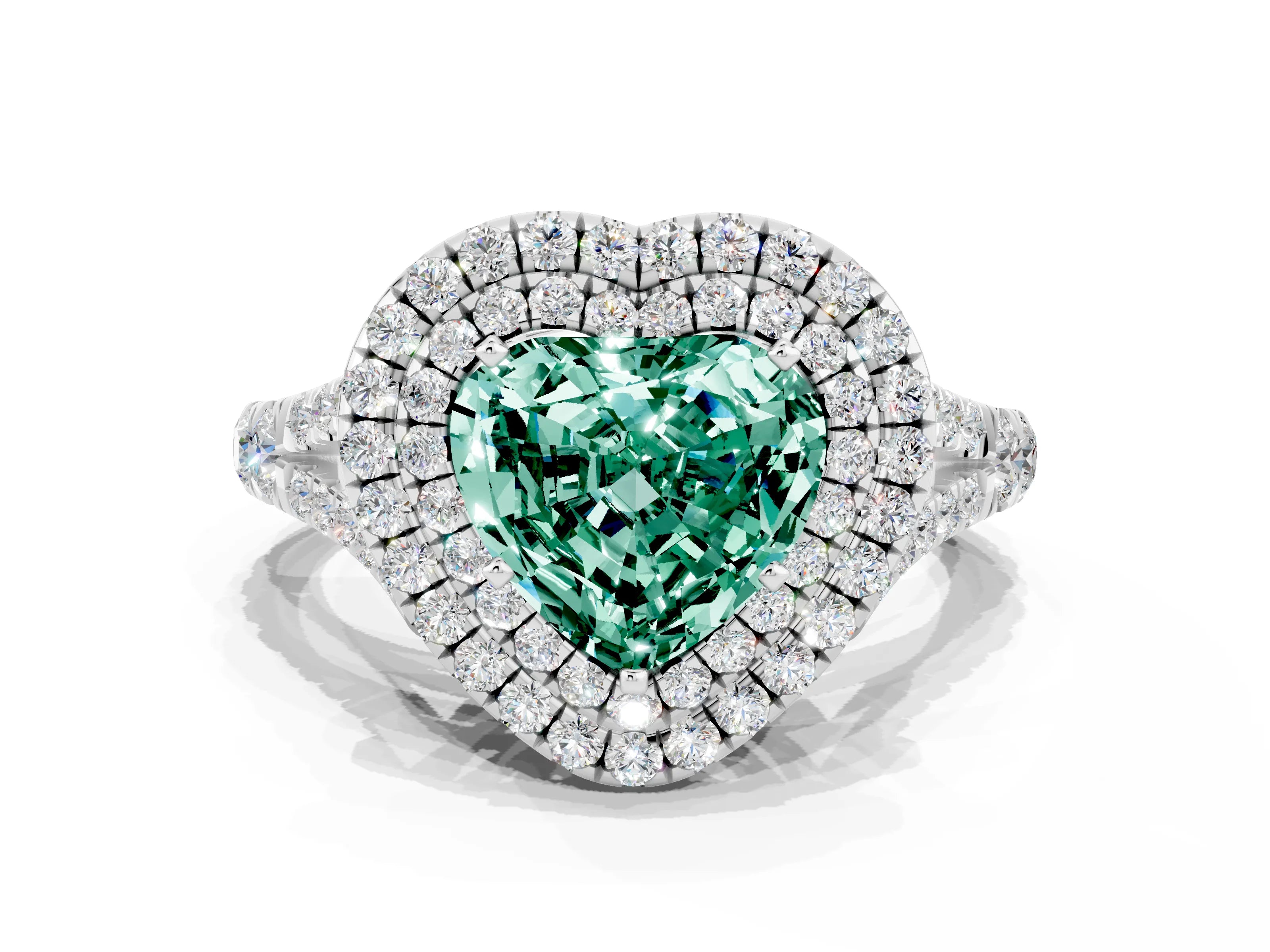 White gold Heart Cut Green Sapphire Double Halo Ring with Split Shank and Prong Setting_48