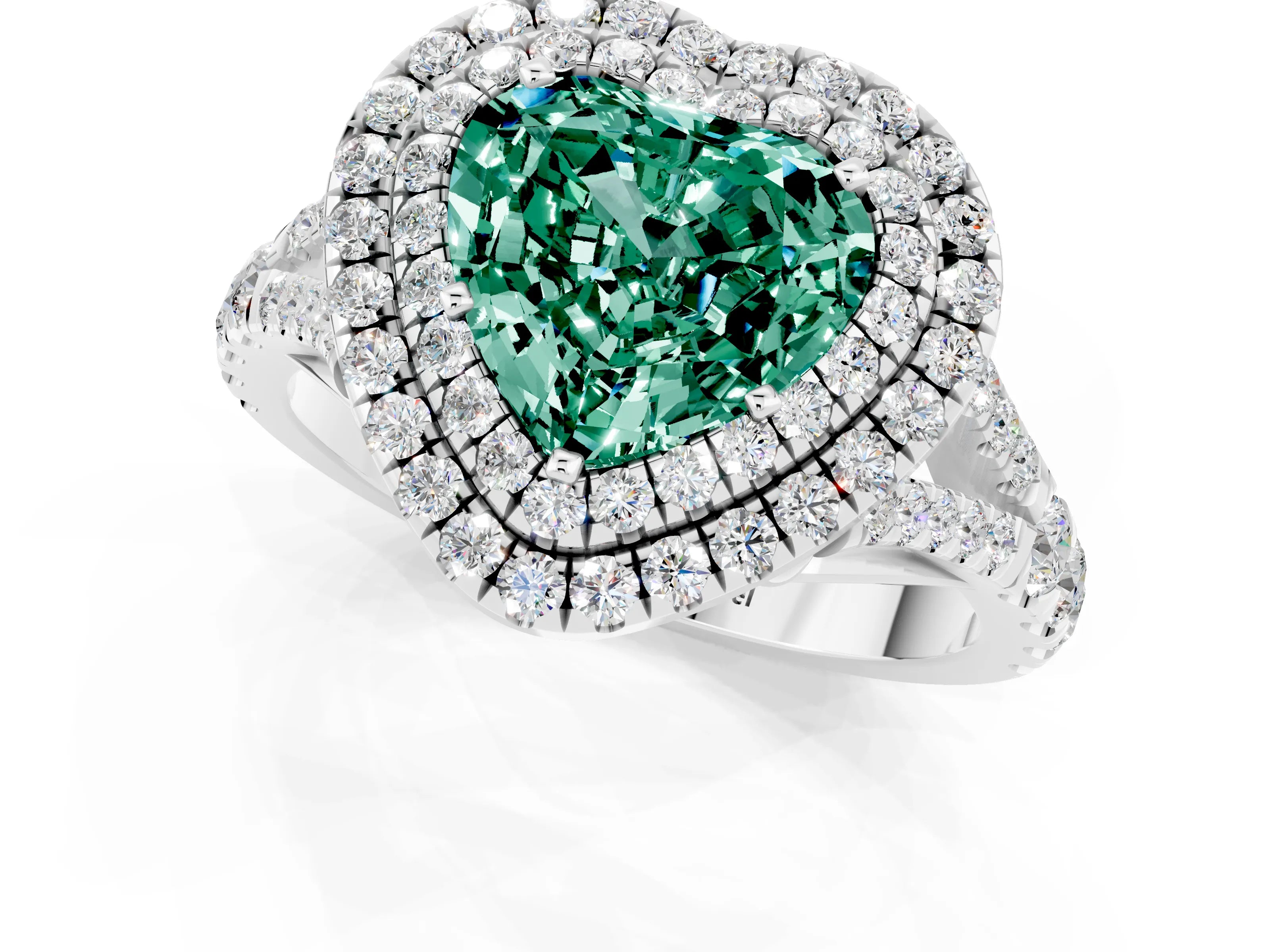 White gold Heart Cut Green Sapphire Double Halo Ring with Split Shank and Prong Setting_49