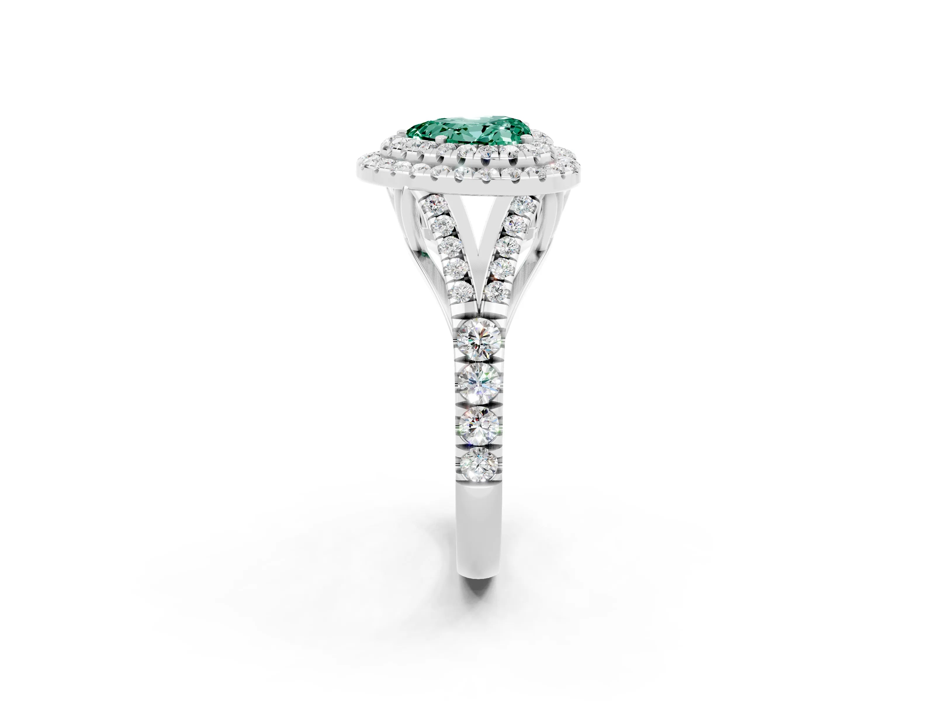 White gold Heart Cut Green Sapphire Double Halo Ring with Split Shank and Prong Setting_50