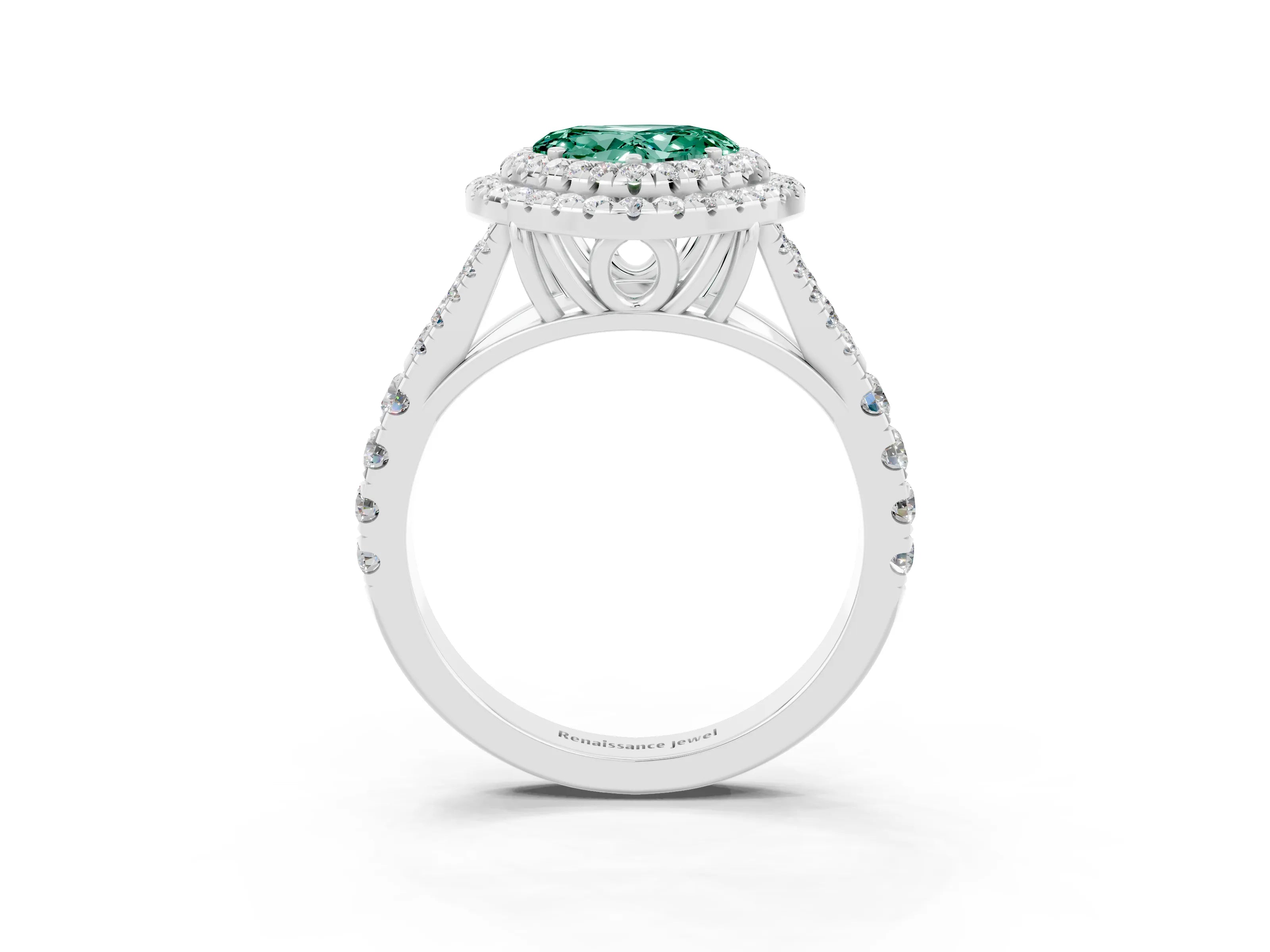 White gold Heart Cut Green Sapphire Double Halo Ring with Split Shank and Prong Setting_51