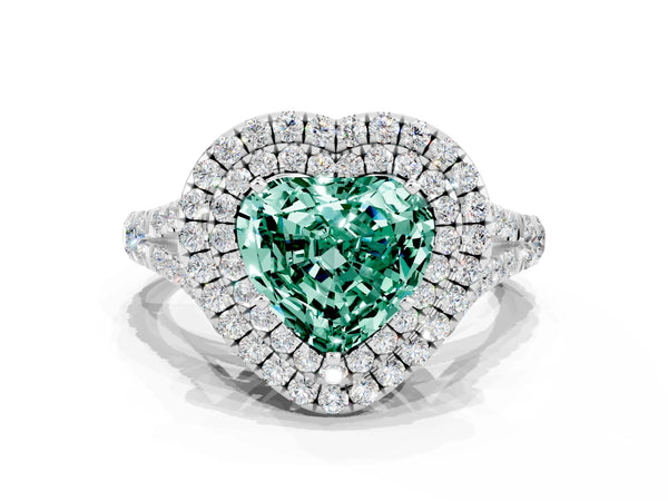 White gold Heart Cut Green Sapphire Double Halo Ring with Split Shank and Prong Setting
