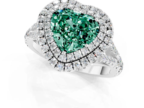 White gold Heart Cut Green Sapphire Double Halo Ring with Split Shank and Prong Setting_56